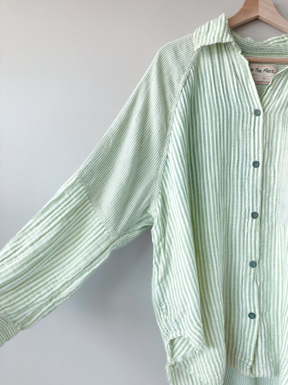 Free People Sage green striped shirt medium oversized top lightweight top - Picture 8 of 15